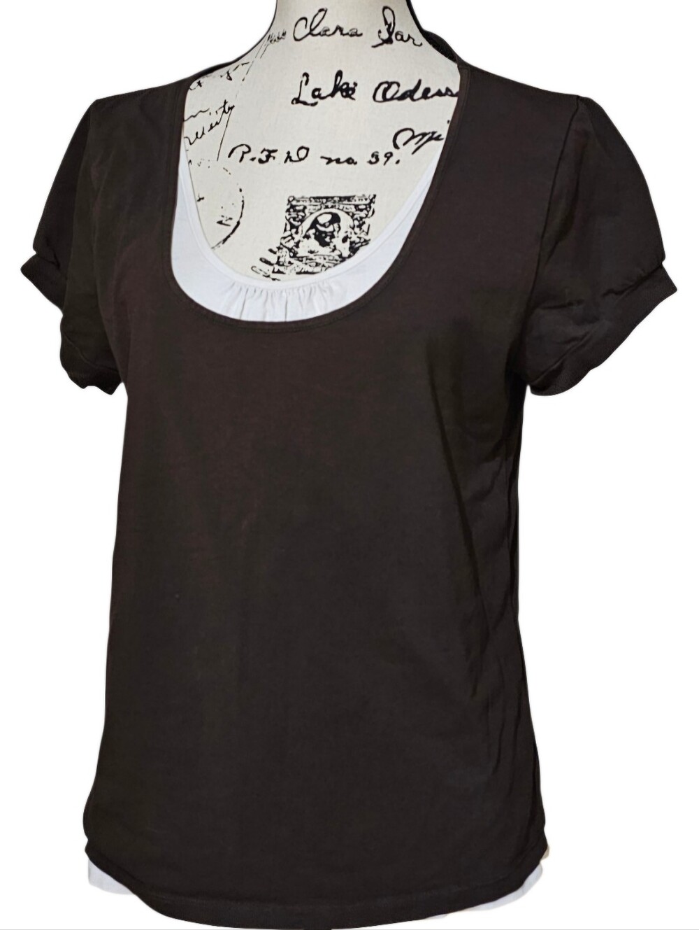 MICHAEL Michael Kors Brown Short-Sleeve Scoop Neck Top with White Inset